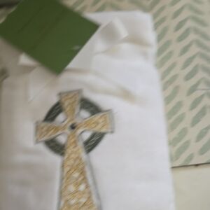 White Tee with Gold and Dark Green Embroidered Celtic Cross